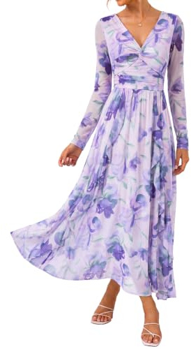 GRACE KARIN Women Dresses Long Sleeve V Neck Floral Dress Party Wedding | Hits above ankle,Semi-see-through long sleeves,V-Neck,Soft & comfortable mesh fabric,Moderately Stretchy