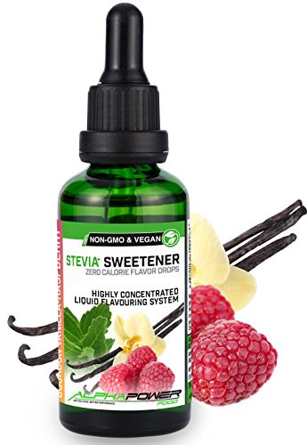 ALPHA POWER FOOD®: Stevia líquida natural - Stevia Gotas de bourbon vainilla-frambuesa, Edulcorante natural, sustituto del azúcar con sabor - sin azúcar & calorías