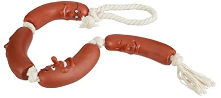 4 x Hundespielzeug Wurst, kleine & mittlere Hunde, robust, ohne Quietscher, Kauspielzeug, 65 cm lang, rot-weiß