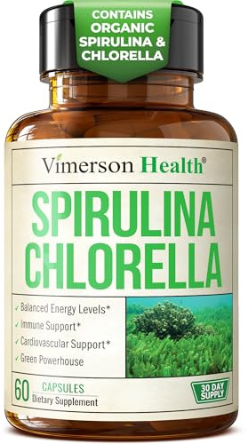 Organic Spirulina and Chlorella Capsules - Spirulina Capsules with Chlorella Powder for Immune, Antioxidant & Energy Support. Nutritious Super Green. Vegan & Non-GMO. Third Party Tested. 60 Caps