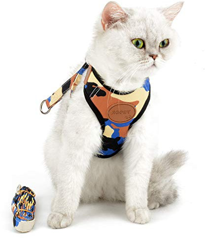 Ranphy Katzengeschirr und Leine Set Ausbruchsicher Verstellbar Hundegeschirr Kleine Hunde Camouflage Katzenleine Mit Geschirr für Katzen Anti Zug Brustgeschirr Welpen Wandern Spaziergänge Blau S