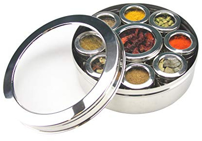 Authentic Indian Spice Tin Stainless Steel Masala Dabba LARGE Curry Cooking Spice Tiffin Tin Box Kitchen Masala Container 9 Compartments Storage Set