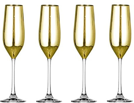 Sparkleware Set of 4 Metallic Gold Glass Champagne Flutes/Glasses - Toasting Flutes for Wedding or Birthday Celebration (Gold Tops)