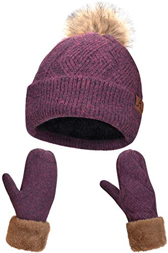 Bonnet et Gants Femme Hiver Chic avec Doublés en Polaire, Ski Bonnets Pompon Fourrure et Mitaines en Tricot Thermique Dames, Violet