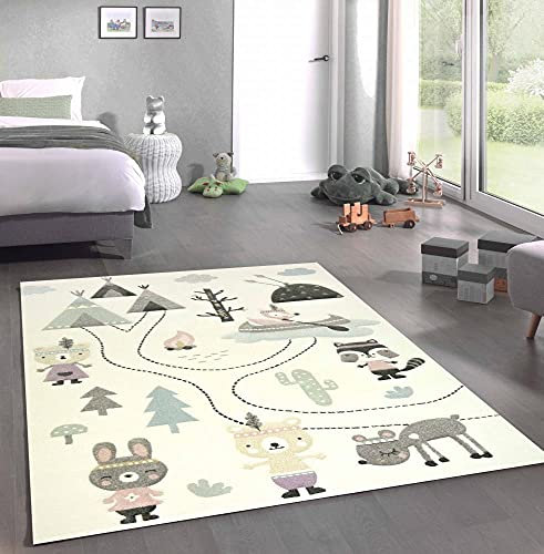 CARPETIA Spielteppich Kinderzimmer Teppich Camping Zelt Bären Berge Wohnwagen Tannen Fluss Creme grau grün Größe 160x230 cm
