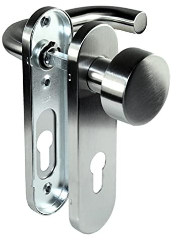 SN-TEC Stahltür FH Tür Knauf - Beschlag für Feuerschutztüren, mit einseitigen Knauf, abgerundetes Schild, Edelstahl Matt A2 nach DIN 18273 FS