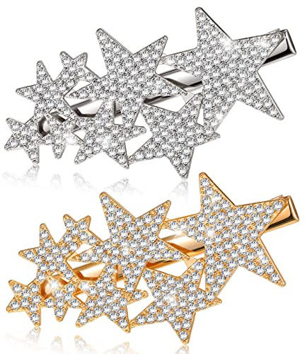 Xinnun 2 Stück Strass Sterne Haarspangen Metall Sterne Haarklammer Strass Haarspangen Kristall Haarschmuck Damen Haarclips für Frauen und Mädchen Weihnachten, Gold und Silber
