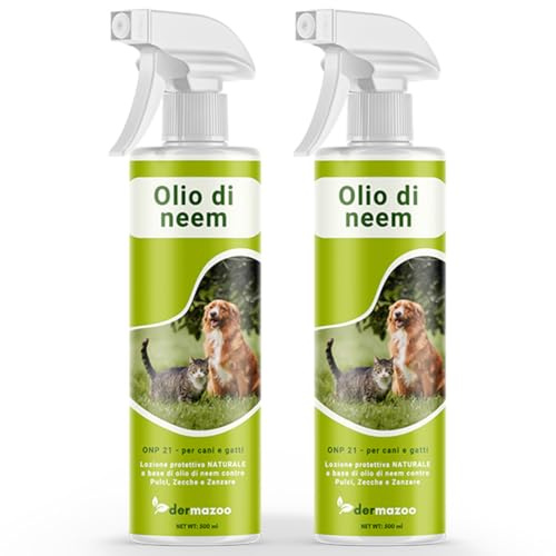 Dermazoo Olio di Neem Spray Antiparassitario Naturale per Cani, Gatti e Cavalli 2 x 500ml - Repellente contro Pulci Zecche Zanzare Acari Pidocchi - Protezione Antipulci Gatti Cani