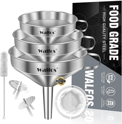 Walfos 3Pcs Kitchen Funnel with 2 Removable Strainer ＆ 1 Cleaning Brush & 1Pc 200 Mesh Food Filter Strainer, Food Grade Stainless Steel Funnel for Transferring of Liquid, Oils, Jam, Dry Ingredients
