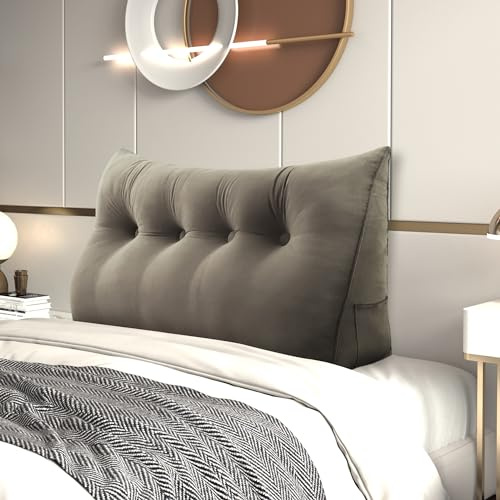Keilkissen Bett Rückenlehne aus Holland-Samt, Rückenkissen Ergonomisches Dreieckskissen Lesekissen mit Knopfdesign & Seitentaschen, Abnehmbares Kopfteil Polster Wandkissen für Schlafzimmer Sofa