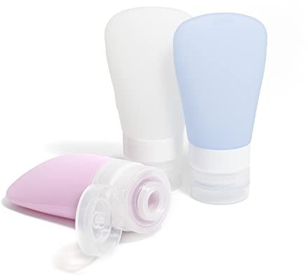 Larelle Lot de 3 bouteilles de voyage en silicone sans BPA, 3 x 60 ml, en silicone rechargeable, anti-fuite, avec sac transparent, bleu clair, rose, blanc