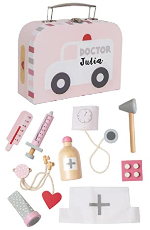 Arztkoffer rosa Kinderspielzeug mit Ihrer Wunsch-Personalisierung I mit Holz-Utensilien Fieberthermometer Stethoskop Blutdruckmessgerät und vieles mehr