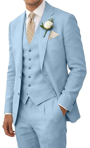 Wehilion Retro Linen Men Suit Beach Wedding Suit Summer Slim Fit 3 Pieces Light Weight Linen Suit Jacket Vest Pant Tuxedo