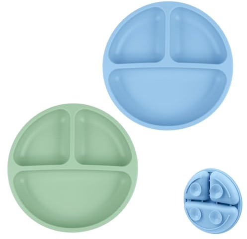 Vicloon Baby Teller, 2Pcs Silikon Rutschfester Baby Tischset Saugnapfschale für Babys, BPA Frei, Geteilte Standfeste Babyteller Kleinkind Teller für Kleinkind und Kinder(Graublau/Dunkelgrün)