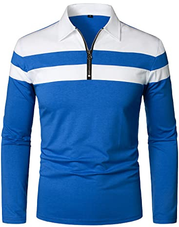 HOOD CREW Mens Casual Long Sleeve Polo Shirts Contrast Color Patchwork Cotton Tee Tops