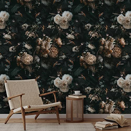 Coloritto Vintage Floral Wallpaper | Removable Self Adhesive Dark Floral Wallpaper | Peonies and Birds Peel and Stick Wallpaper (Sample 12 W x 8 H)