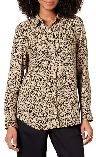 Amazon Essentials Women's Georgette Long Sleeve Relaxed-Fit Business Casual Office Work Shirt with Pockets, Taupe Leopard, Medium