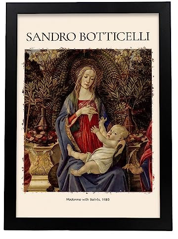 Poster Madonna mit SantosDekorative Bilder für Ihr Wohnzimmer, Schlafzimmer, Zuhause. Wandkunst-Drucke. Ästhethetische Wandabdrücke, die von Sandro Botticelli A3 mit schwarzen Rahmen inspiriert sind