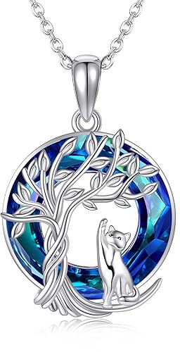 DAYLINLOVE Collana gatto Argento Sterling 925 Collana Ciondolo Albero Della Vita Cristallo Blu Gioielli per Animali Domestici Regali per Donne Ragazze Amanti Dei Gatti