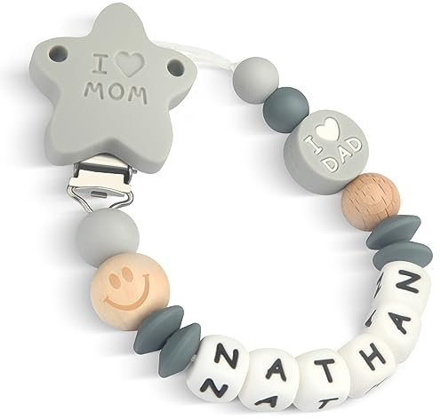 Yolnkos Schnullerkette mit Namen Jungen Mädchen Personalisiert Schnullerclip Mama Papa(Grau)