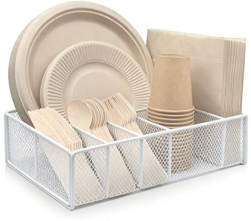 Dysanvica Metal Paper Plate Holder - Utensil Silverware Caddy for Kitchen Counter Cabinet Cutlery Flatware Organizer Storage Dispenser Box for Plastic Spoon Fork Plates Napkins Cup Party Camping White