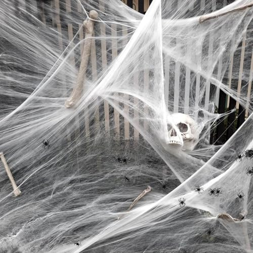 TheStriven Weiss Spinnweben Dekoration Halloween Deko Spinnennetz 300g Halloween Dekorative Spinne Baumwolle Spinnennetz Deko Dekoration mit Gefälschten Spinnen für Halloween-Partydekorationen