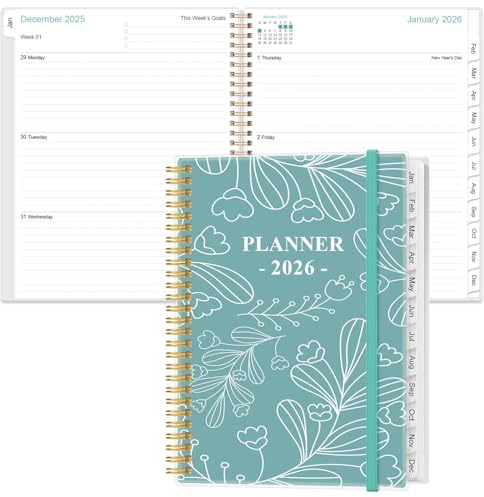 2026 Planner - 8.5 x 11 Weekly Monthly Planner from January 2026 to December 2026, Planners 2026 with 12 Monthly Tabs, Inner Pocket, Elastic Closure, Teal Leaf