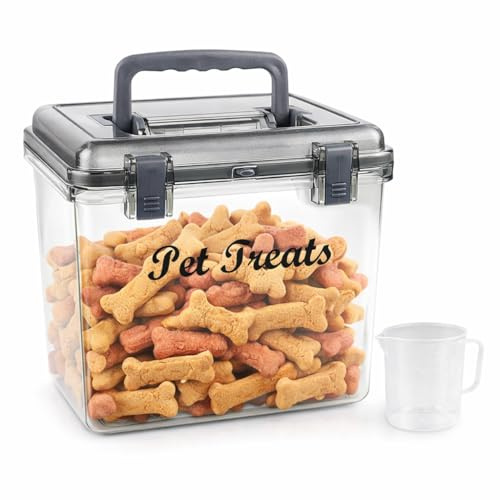 APITOS Airtight Dog Treat Container With Excellent Seal-Dog Treat Jar for Kitchen Counter, Well-Made Tin With Sturdy Clips Preventing Pet Thieves - Clear