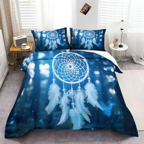 Bettdecke Cover 200 × 200 cm Bettwäsche Blau Dschungel-TraumfäNger Drucken Schlafzimmer Atmungsaktiv Mikrofaser Bettwäsche Bettbezug Mit Reißverschluss Wird mit 2 Kissenbezügen