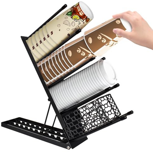 Homirty Soporte para tazas y tapas, 4 compartimentos, color negro, cesta de almacenamiento para pajitas, soporte ajustable para tazas de café, organizador de café para encimera, cafés, bar, oficina,