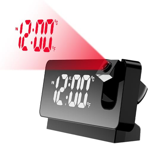LUPATDY Despertador con proyección de 180°, despertador digital con pantalla LED grande, despertador analógico, sin tictac con temperatura y fecha, despertador digital para dormitorio (negro)