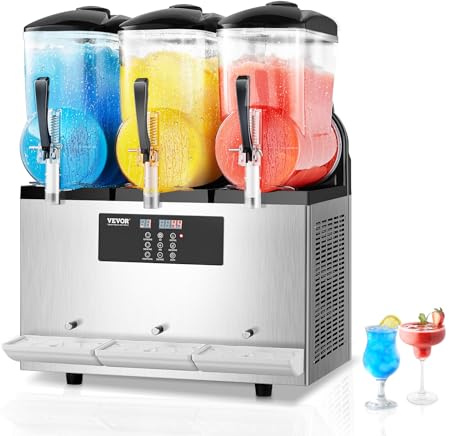 VEVOR Machine à Granité Commerciale 3x12 L Triple Réservoir, Machine à Boissons Glacées en Acier Inoxydable de 144 Tasses, Distributeur de Boissons Frappées Granitas Margarita Smoothie, Cafés Bars