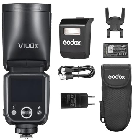 Godox V100S Camera Flash 2.4G Wireless 100Ws Round Head TTL Speedlite with Touch Screen, LED Modeling Lamp, Sub Flash, Lithium Battery Replacement for Sony | Wireless camera flash, 1/8000s, 2980mAh battery, 1.7s charging time, built-in LED tuning light with removable bottom flash