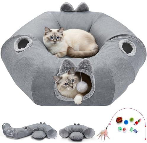 Odoland Tunnel per gatti con letto, pieghevole, grande tunnel a ciambella in lino, giocattolo interattivo per gatti, gatti, gattini, conigli, cuccioli