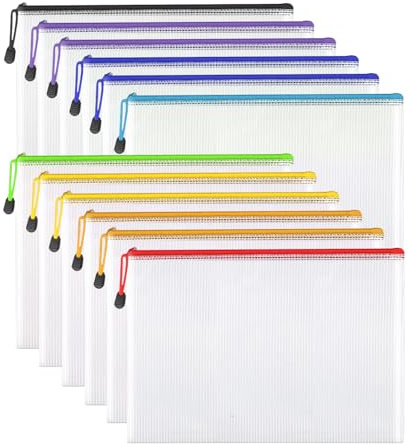 A4 Plastic Zip Wallets - 12PCS A4 Zip Lock Bags, Waterproof File Folders for School/Office Travel, Receipts Storage, Cosmetics, Cross Stitch, Puzzles & Games (A4-12Pcs)