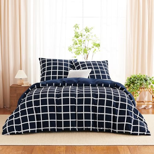 WAVVE Bettwäsche 155x220 3teilig Bettbezug Mikrofaser Bettwäsche-Sets 155 x 220 cm mit 2 Kissenbezüge 80x80cm, ÖKO-TEX, Wendebettwäsche Bedding Blau Karomuster Muster mit Reißverschluss