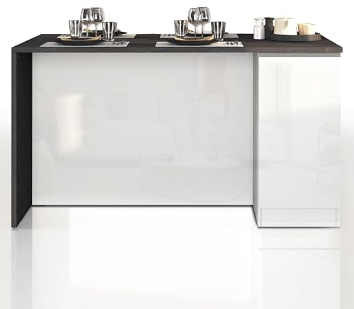 WHOUS Isola Cucina SOLE con 2 Ante, Tavolo da Pranzo e Piano di Lavoro, Ideale per Open Space e Spazi Ridotti, 160x90x90 cm, Bianco Lucido e Report
