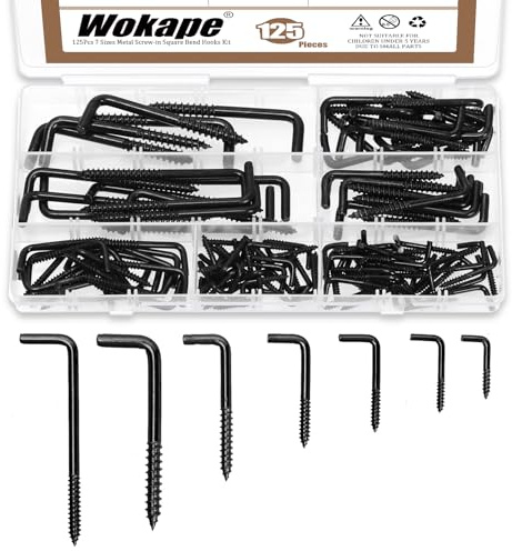 Wokape 125PCS 7 Größen L-förmige Schrauben Haken Kit, M2.4 M2.5 M2.8 M3.4 M3.7 M3.8 M4.7 Selbstschneidende rechtwinklige Haken Hängende 7-förmige Schraubhaken Quadratische Biegehaken (Schwarz Zink