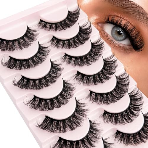 Natural Lashes D Curl 8-14mm Short Mink Eyelashes Fluffy that Look Like Extensions Thick Volume Strip False Lash Pack Full 7 Pair Wispy Cat Eye Mega Double Stacked Eyelash Small Fake Lashes