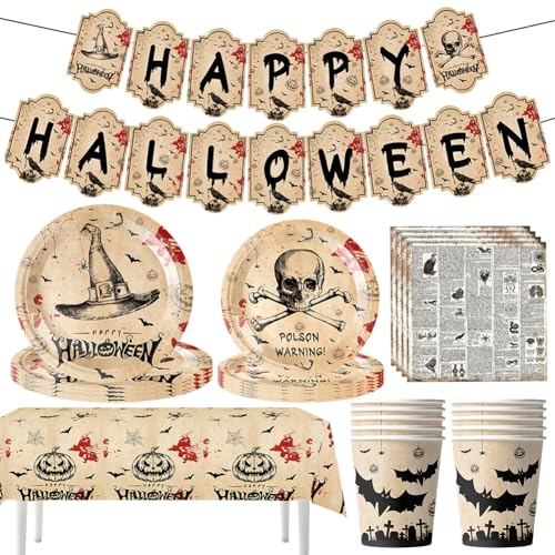 52 pcs Halloween Vaisselle Assiette Kit, Assiettes, Nappe, Gobelets,Papier Serviette,Bannières, Tête de Crâne Vaisselle Fête d'Halloween -10 Personnes