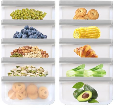 10 Pezzi Sacchetti Freezer Riutilizzabili,22,5 x 13,5cm Zip Lock Bags,Sicurezza Sac à Vide Lebensmittel Wiederverwendbar,Sacchetti per Alimenti,Riutilizzabili Alimenti per Verdura,Latte,Snack,Carne