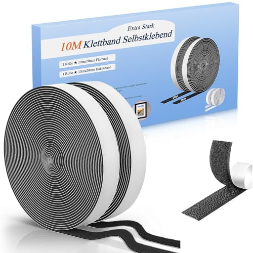 Klettband Selbstklebend Extra Stark 10Mx20mm Schwarz Doppelseitig | Klettverschluss-Set mit Haken & Flausch, zuschneidbar. Für Fliegengitter, Couch-Kissen & Teppich – ohne Bohren, keine Spuren.
