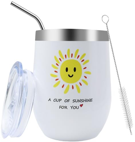 PIWOSGOL Copa De Vino De Acero Inoxidable 12 Oz, Vaso De Doble Pared Aislado Con Tapa, Pajita y Cepillo De Limpieza, Copa Portátil To Go, Vaso De Viaje Para Leche, Café, Vino y Cócteles