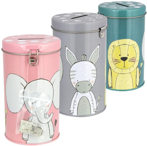 Sustania Kinderspardosen 3er Set Zoo Tiere - Metall Spardosen mit Schloss und Schlüssel, Höhe 13cm, Durchmesser 7,5cm, Elefant Zebra Löwe Design