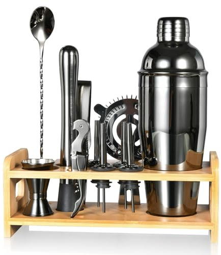 Esmula 750ml Cocktail Making Set with Bamboo Stand, 12 Piece Cocktail Shakers Kit for Mixed Drink, Professional Stainless Steel Bartender Bar Tool Set-Cocktail Recipes Booklet (Grau)