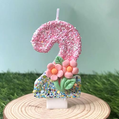 Ovanda Geburtstagskerze 2 Rosa Blume Kuchen Topper mit Pailletten, zum 2 Geburtstag mit Tablett und Stab Eine Kerze für Den 2 Geburtstag Geburtstagsparty Kuchendeko und Geschenke, Zahlenkuchenkerze