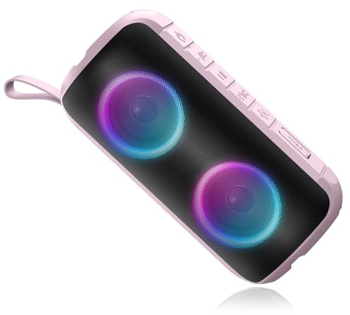 Enceinte Bluetooth Puissante Portable Bluetooth 5.3 Sans Fil, Bass Treibern, DSP, Autonomie 12H, Étanche IPX6, Lumière RGB, Dragonne, Appel Mains Libres, 1800mAh, Adapté pour Plein Air/Fêtes, Rose