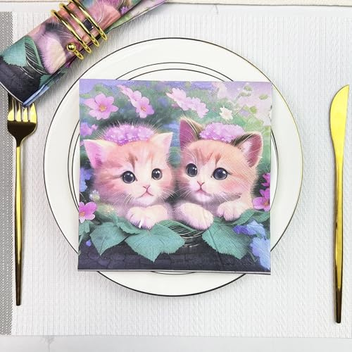 Serviettes en Papier Chat Fleur Violette Serviettes de cocktail Décorations de fête,Absorbantes et pratiques - jetables pour mariage,anniversaire,apéritif,Noël,dessert15 Paquet(33x33cm)