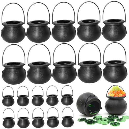 Sjfbebsy Mini kittel 20-pack, små svarta häxor kittel med handtagsdesign, 7 x 6 cm för festgåvor och dekor | Matsäker plast, perfekt för halloweenfester, rymmer små godis och godsaker