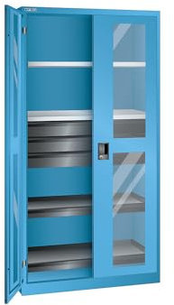 Lista | Sichtfensterschrank | HxBxT 1950 x 1000 x 580 mm | mit 2 Fachböden | 2 Auszugböden und 3 Schubladen | lichtblau